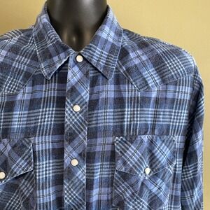 Vtg Prest Rite Pearl Snap Button Down Flannel Plaid Shirt Mens L Blue Western
